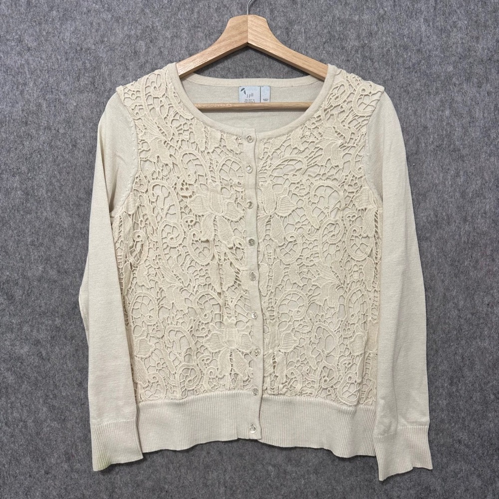 J.Jill Womens Petite Small Cream‎ Lace Overlay Button Front Cardigan Sweater S P